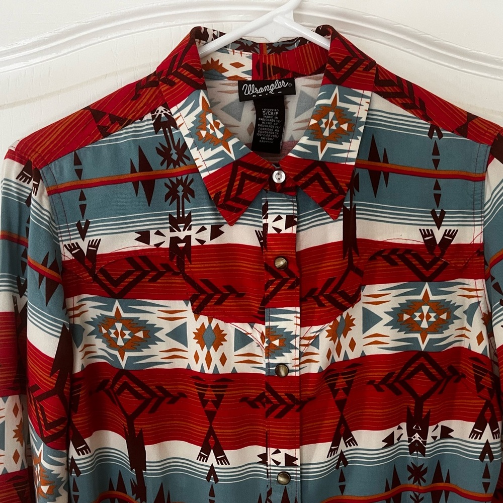 Wrangler Retro Teal Red Brown Southwest Aztec Pearl Snap Western Shirt, Size S - Picture 6 of 15
